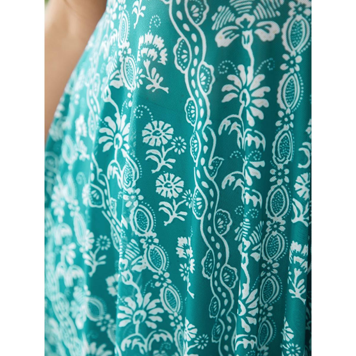 Plus Size Bandana Patchwork Ruched Front Ruffle Hem Swim Dress Women's Swimwear Turquoise Vacation Bodycon High stretch Curve Swim Dresses BloomChic 12/L Product Image