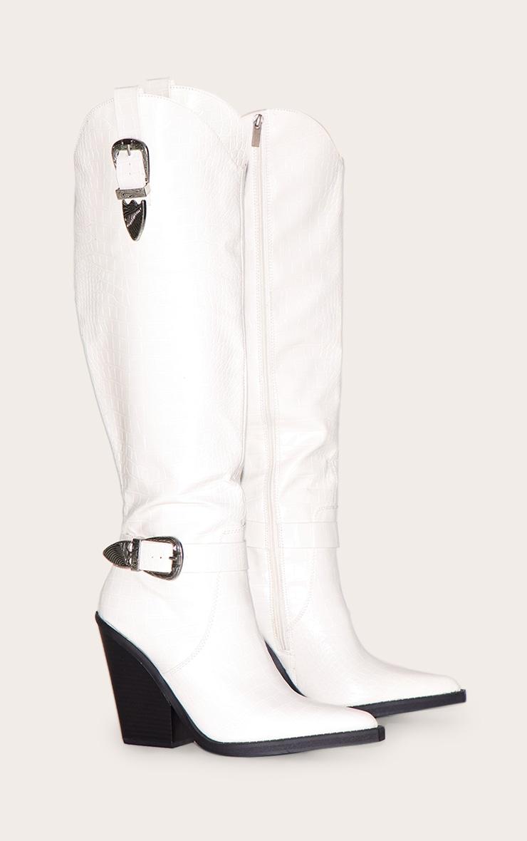White Croc PU Point Toe High Block Heel Knee High Western Boots Product Image