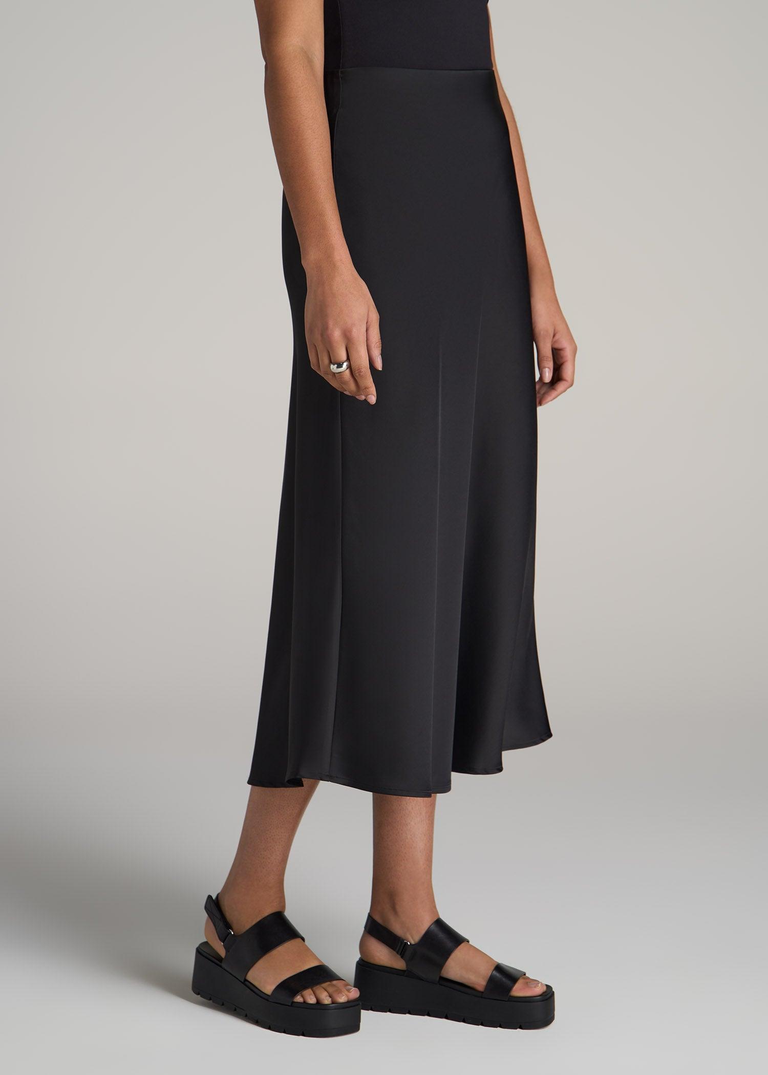 Pull-On Satin Midi Skirt for Tall Women in Black Female Product Image