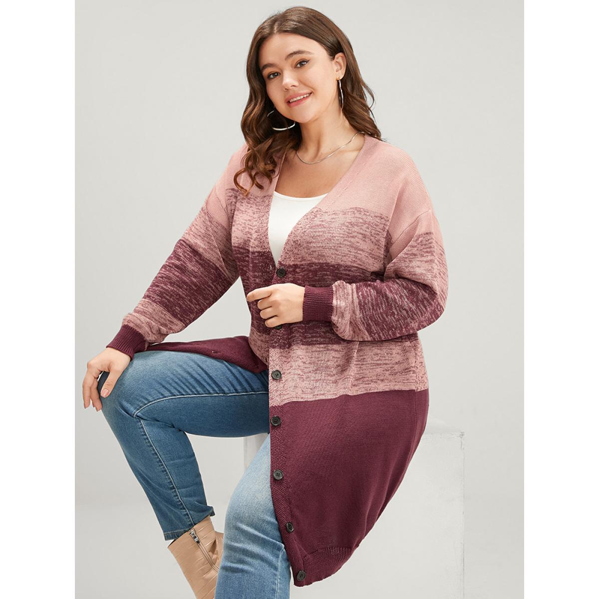 Plus Size Colorblock Contrast Pointelle Knit Button Front Heather Cardigan RedViolet Women Casual Loose Long Sleeve Dailywear Cardigans BloomChic 28/5X Product Image
