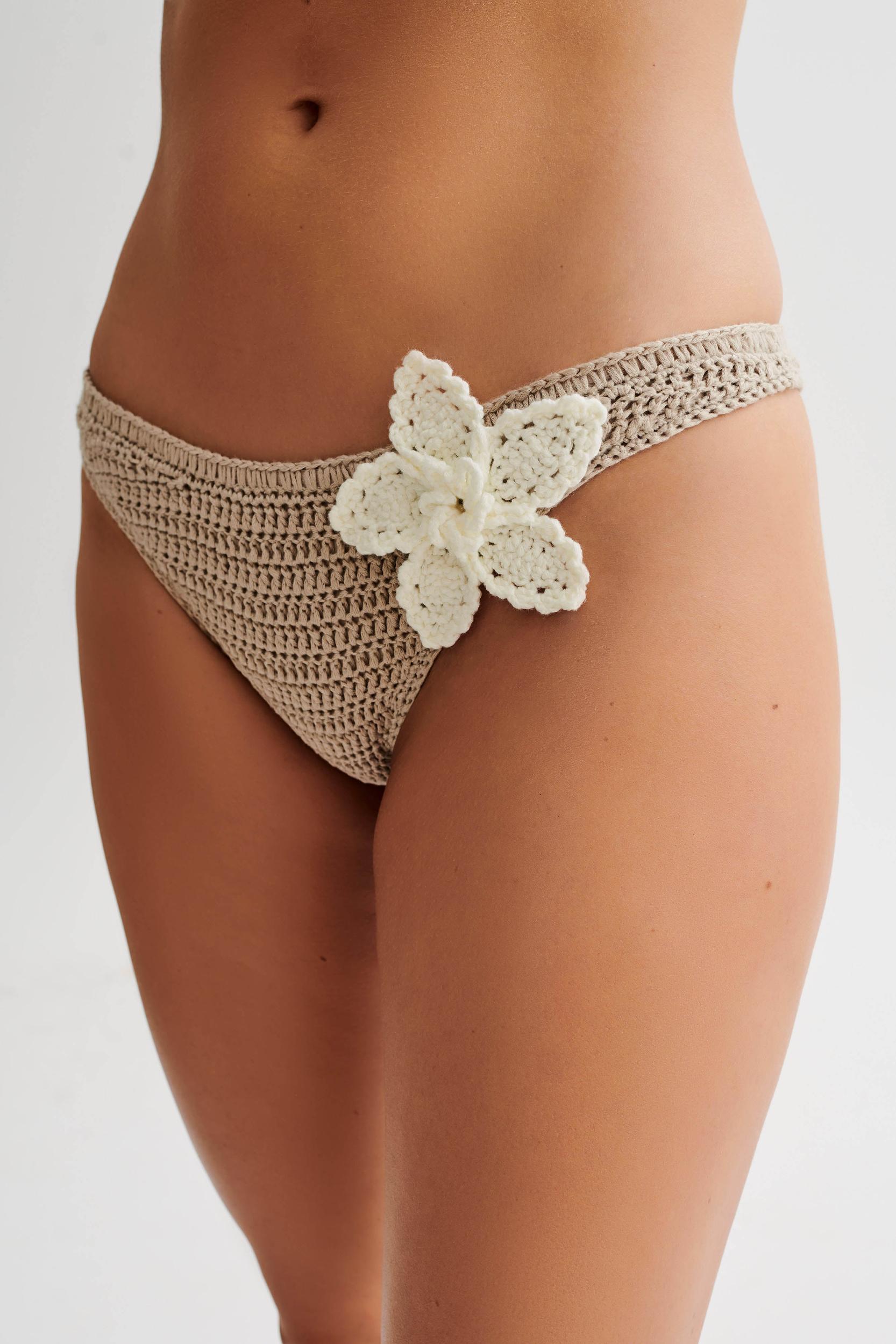 Skye Floral Crochet Tie Up Bikini Bottom - Taupe/White Product Image