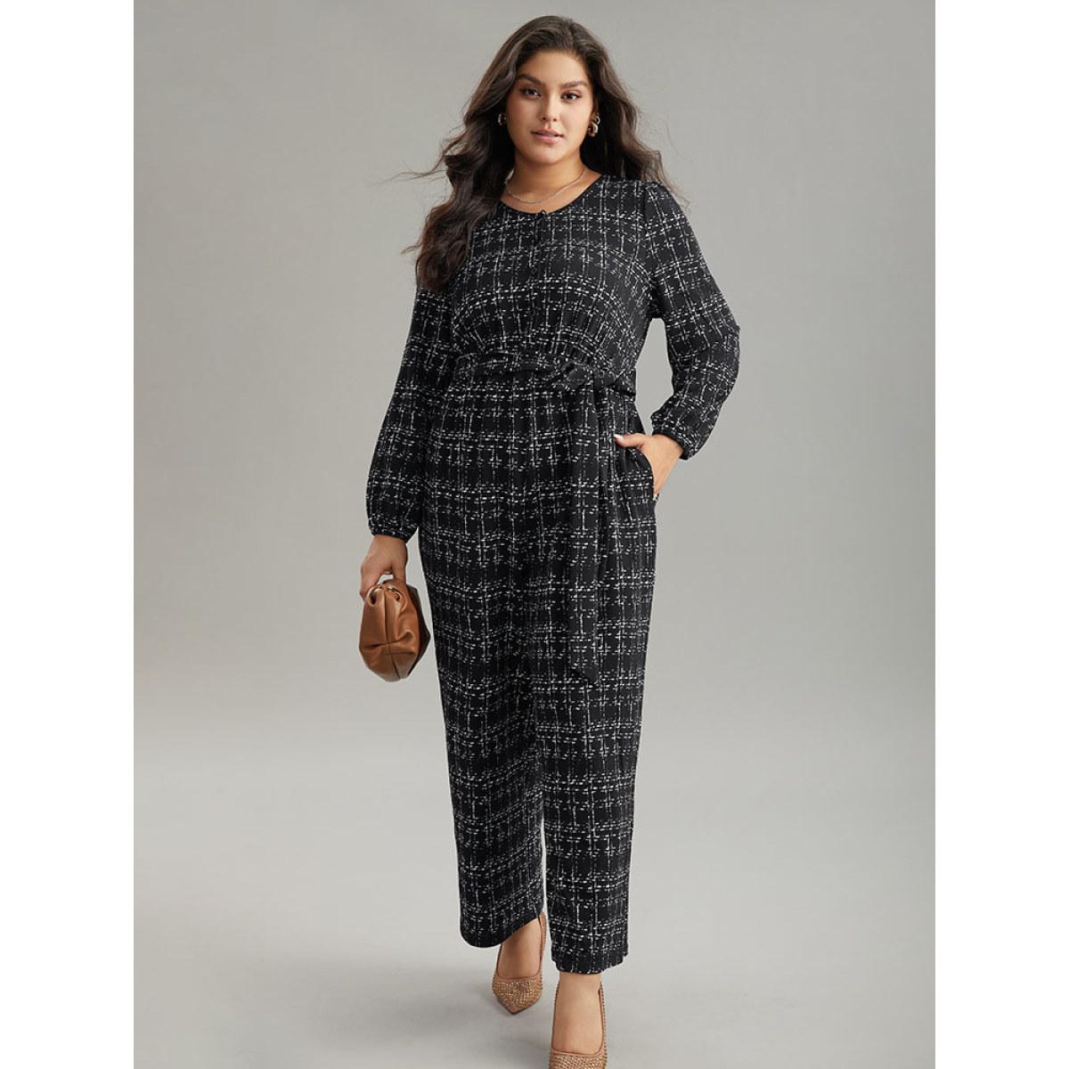 Plus Size Black Textured Button Up Elastic Waist Belted Jumpsuit Women Office Long Sleeve Round Neck Work Loose Jumpsuits BloomChic 18-20/2X Product Image