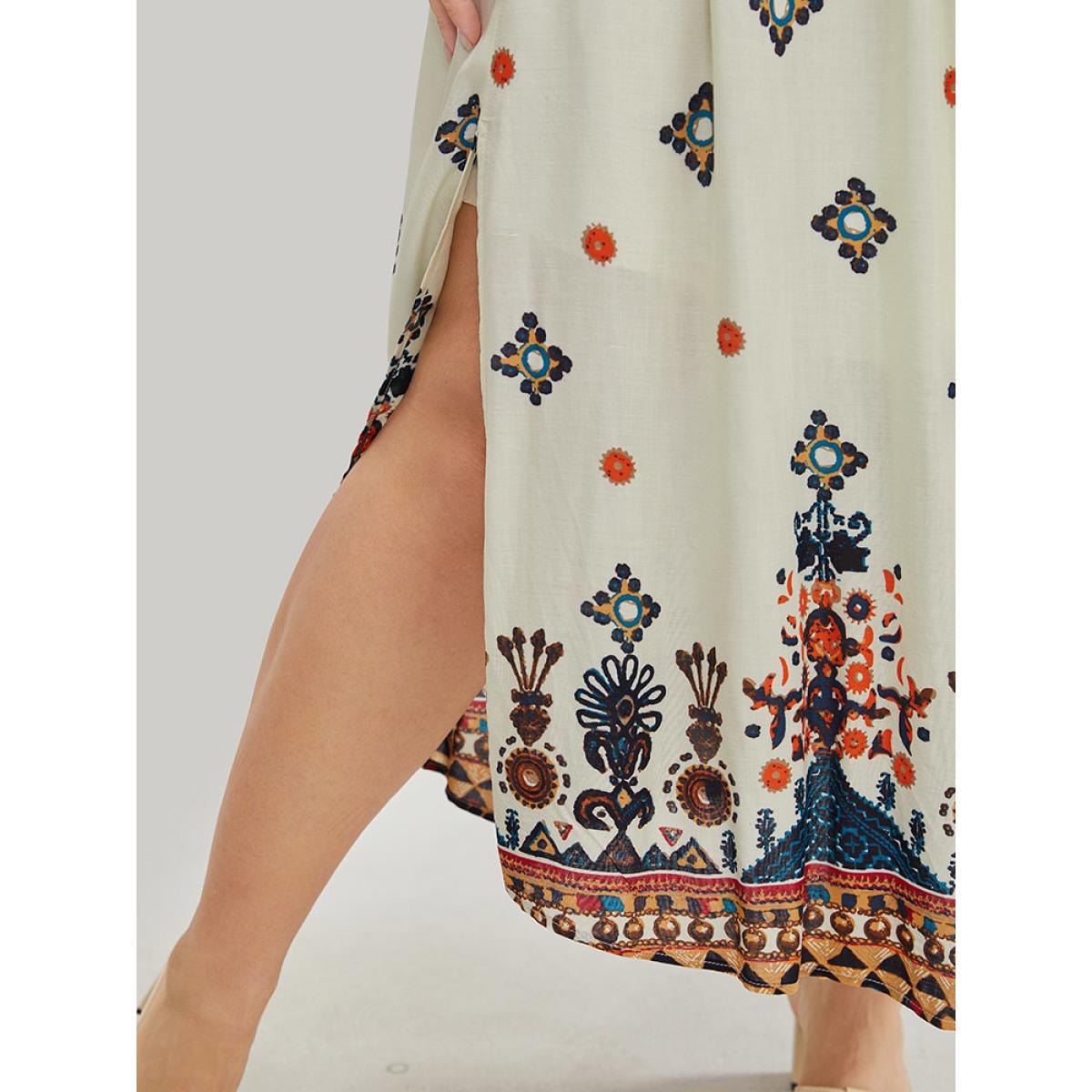 Plus Size Bandana Print Square Neck Pocket Shirred Frill Trim Split Dress Multicolor Women Vacation Frill Trim Square Neck Short sleeve Curvy Midi Dress BloomChic 10/M Product Image