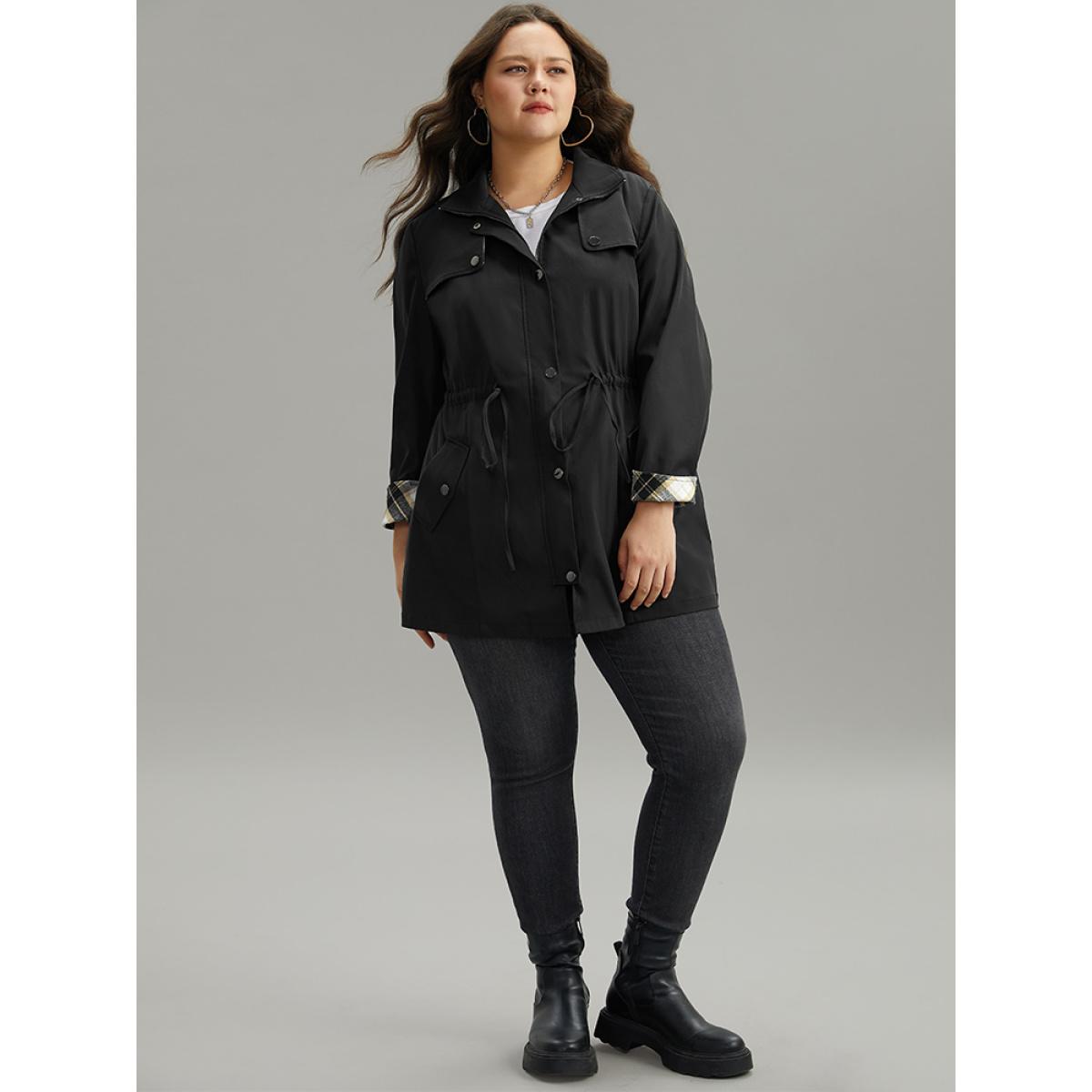 Plus Size Wind-Resistant Plaid Patchwork Drawstring Zipper Coat Women Black Contrast Pocket Dailywear Jackets BloomChic 10/M Product Image