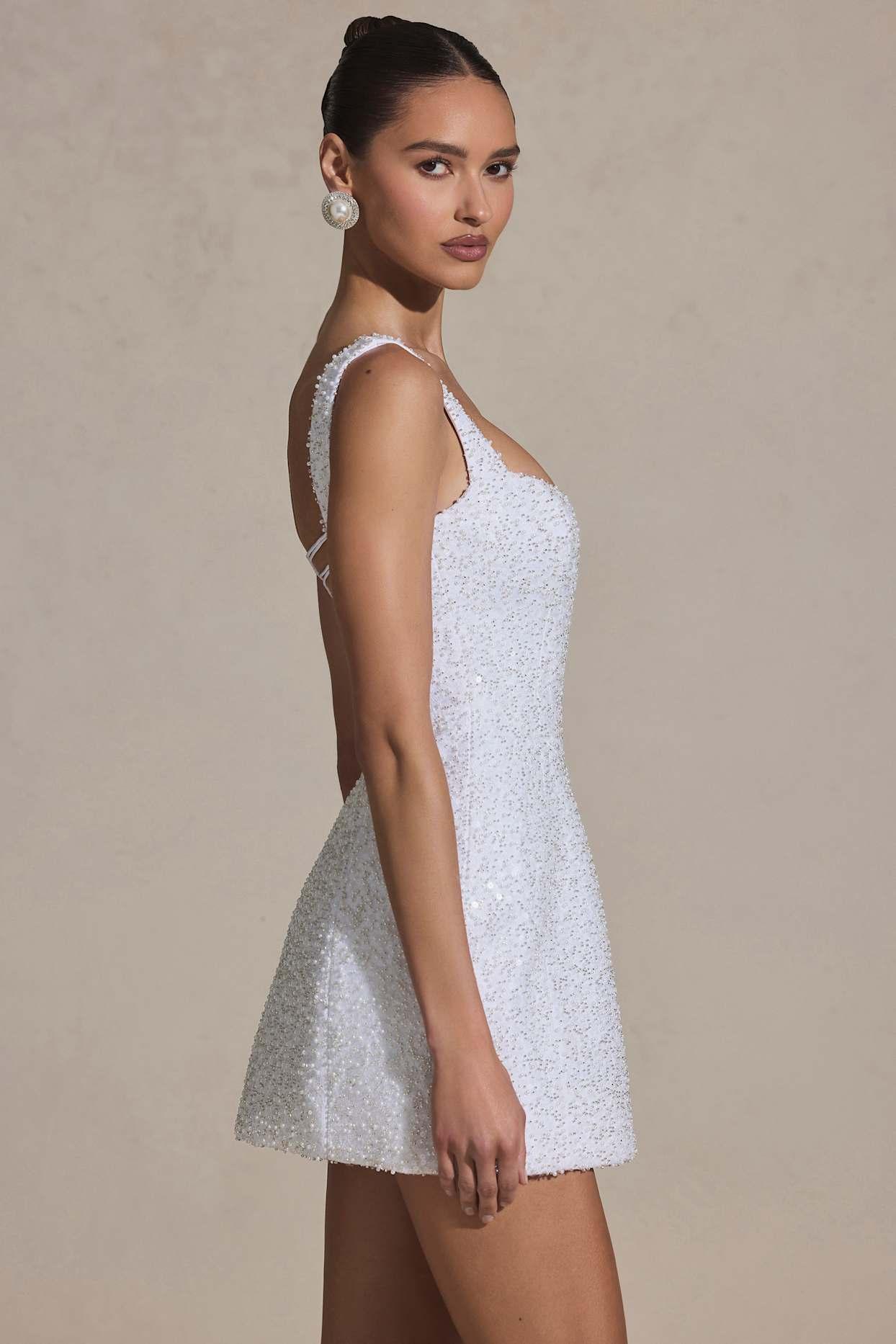Embellished Structured A-Line Mini Dress in White Product Image