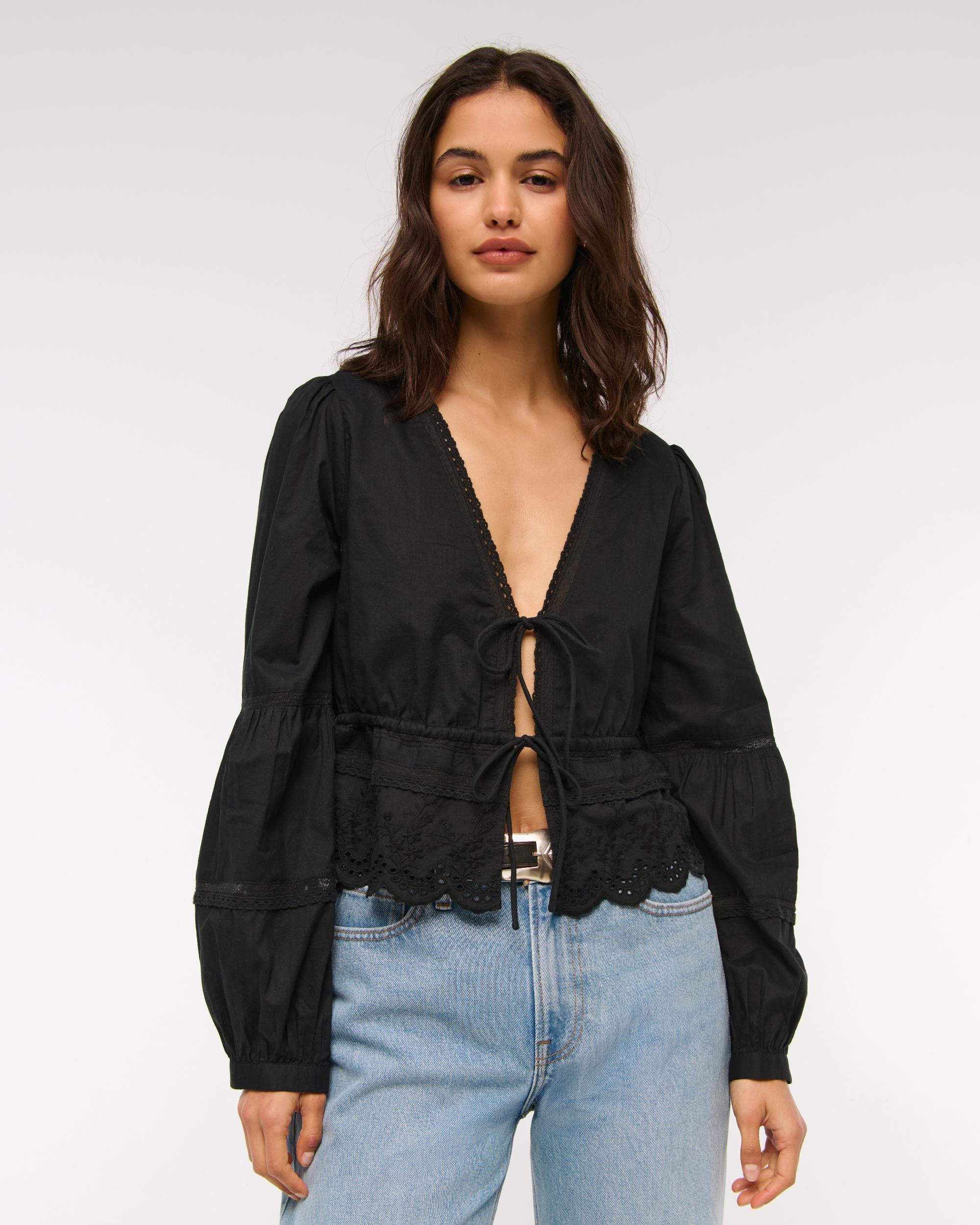 Long-Sleeve Lace Tie-Front Top Product Image