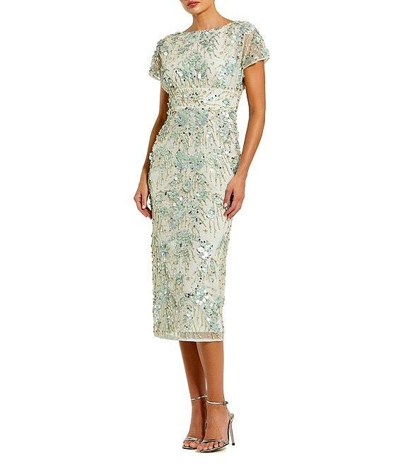 Mac Duggal Embellished Mesh Floral Crew Neck Short Sleeve Sheath Midi Dress Product Image