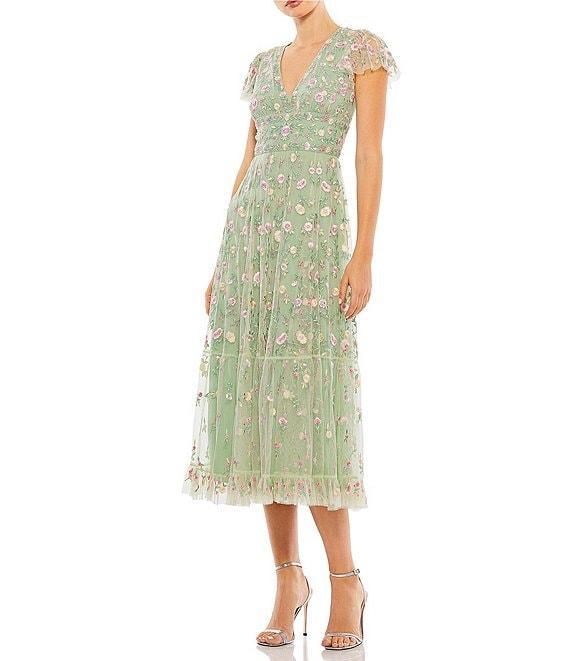 Mac Duggal Short Flutter Sleeve Plunge V-Neck Floral Print A-Line Dress Product Image