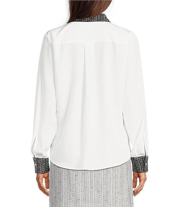 KARL LAGERFELD PARIS Tweed Mixed Media Contrast Point Collar Long Sleeve Button Front Shirt Product Image