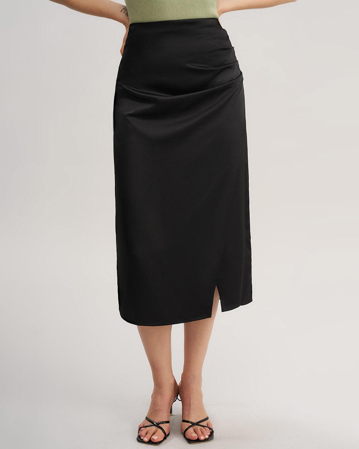 Black Ruched Wrap Midi Skirt Product Image