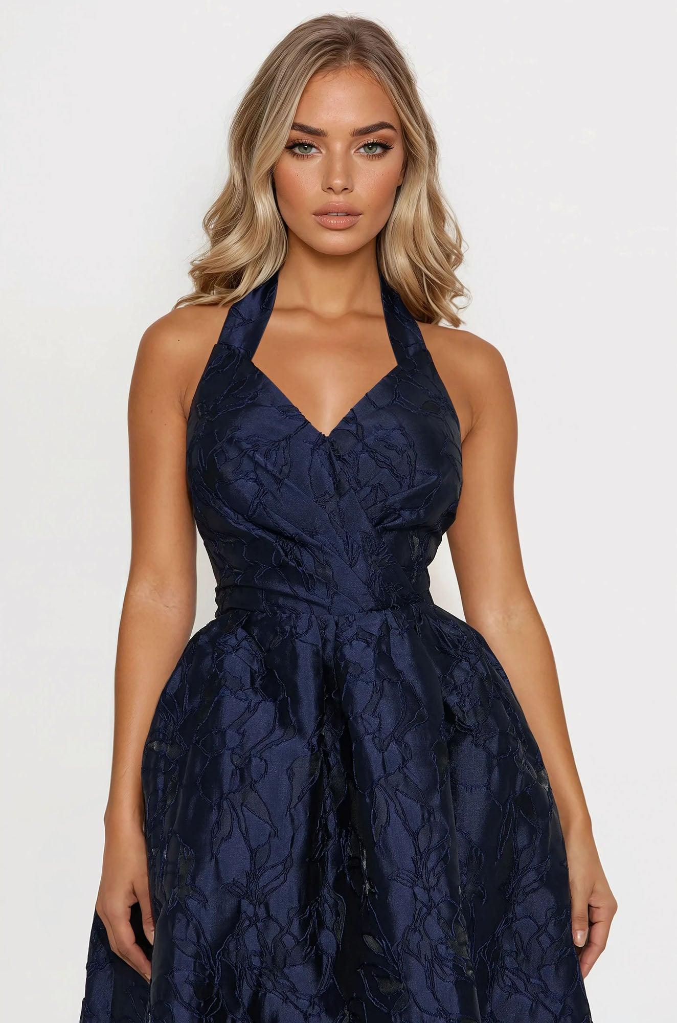 Keep You Enchanted Jacquard Halter Midi Dress - Navy Female Product Image