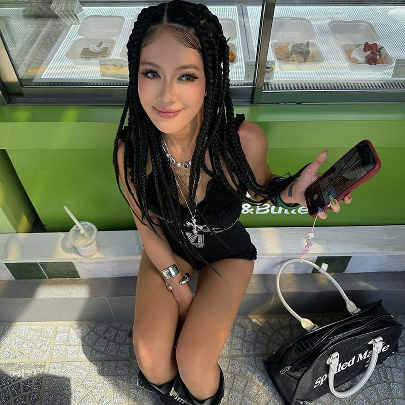 Spaghetti Strap V-Neck Rhinestone Ruffled-Trim Romper Product Image