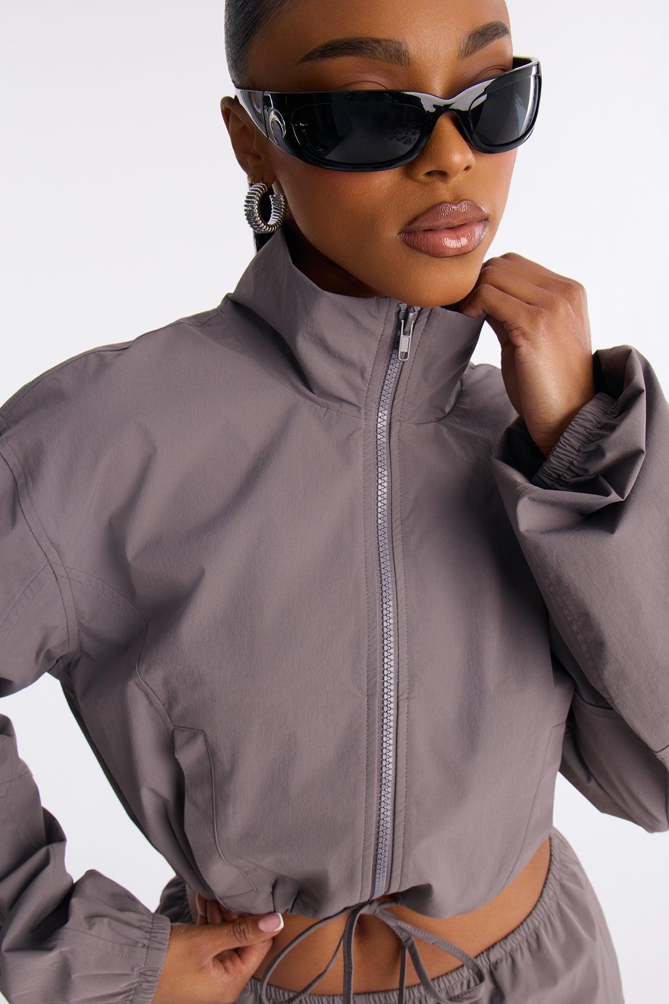 In Motion Cropped Windbreaker Lounge Jacket - Charcoal Female Product Image