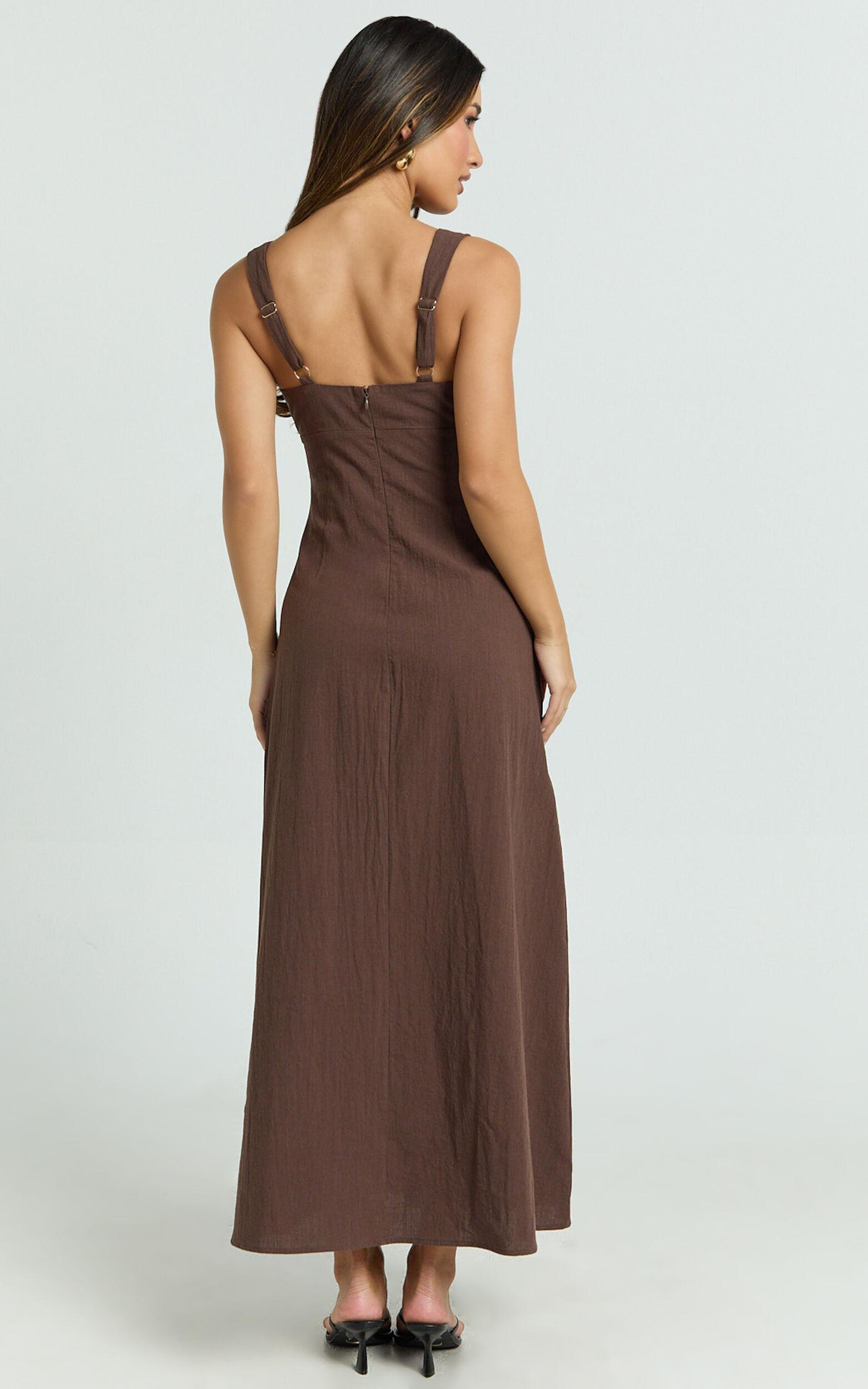 Silvena Midi Dress - Plunge Neckline Tie Front A Line Dress in Chocolate Product Image