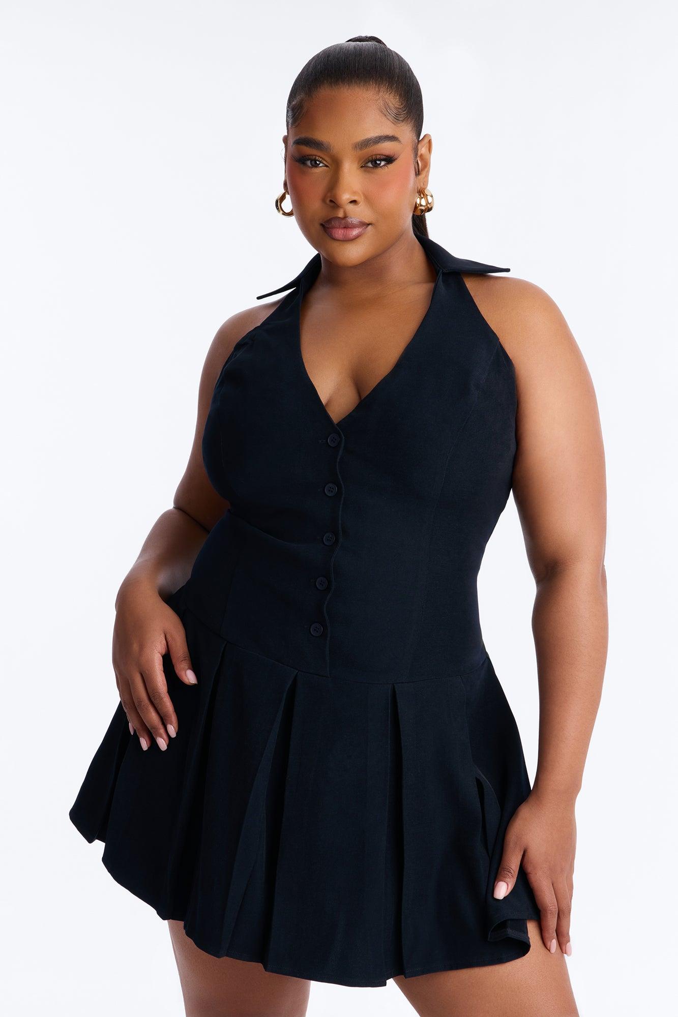 Aliza Button Up Halter Mini Dress - Navy Female Product Image