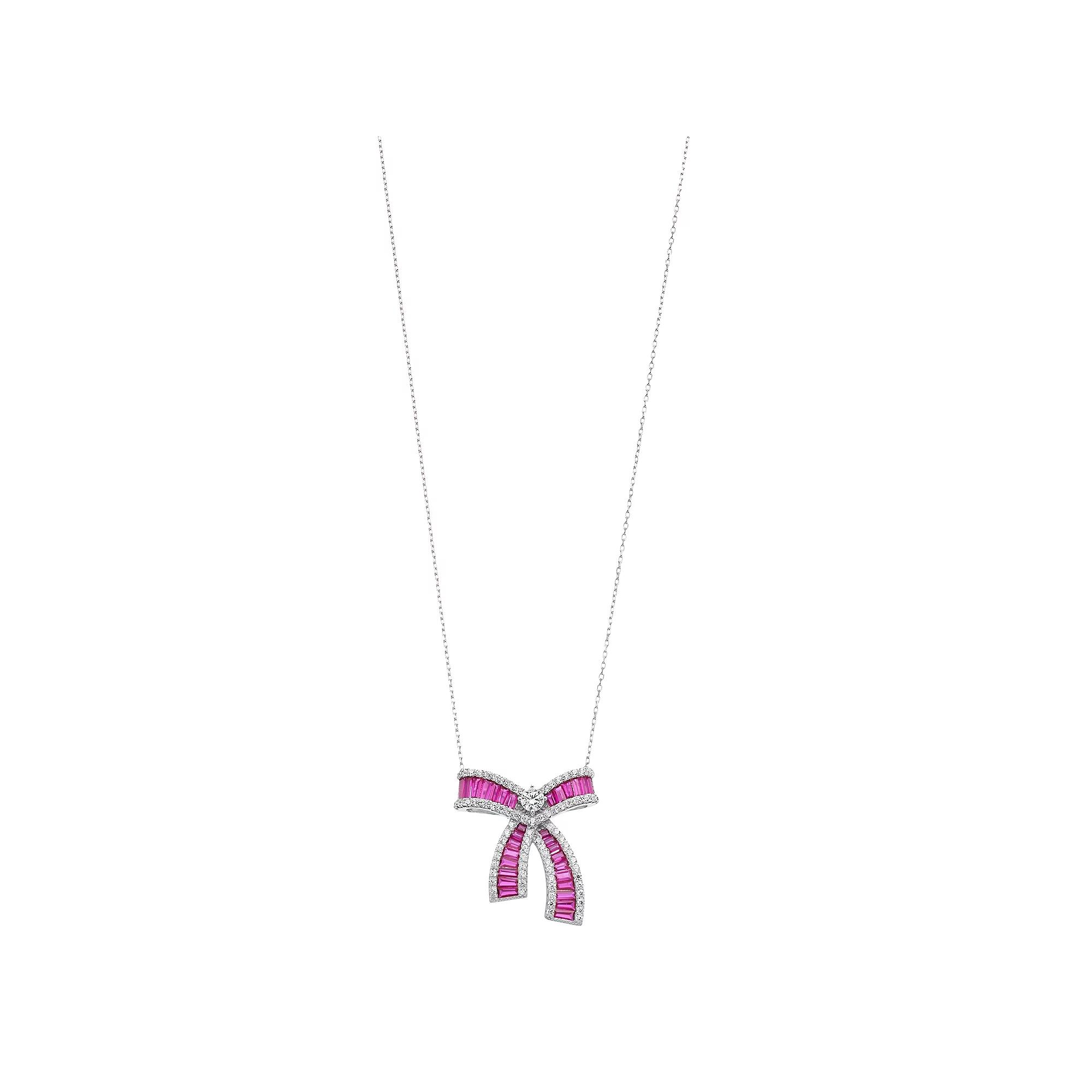 Sterling Silver Pink & Clear Cubic Zirconia Bowtie Necklace, Womens Product Image