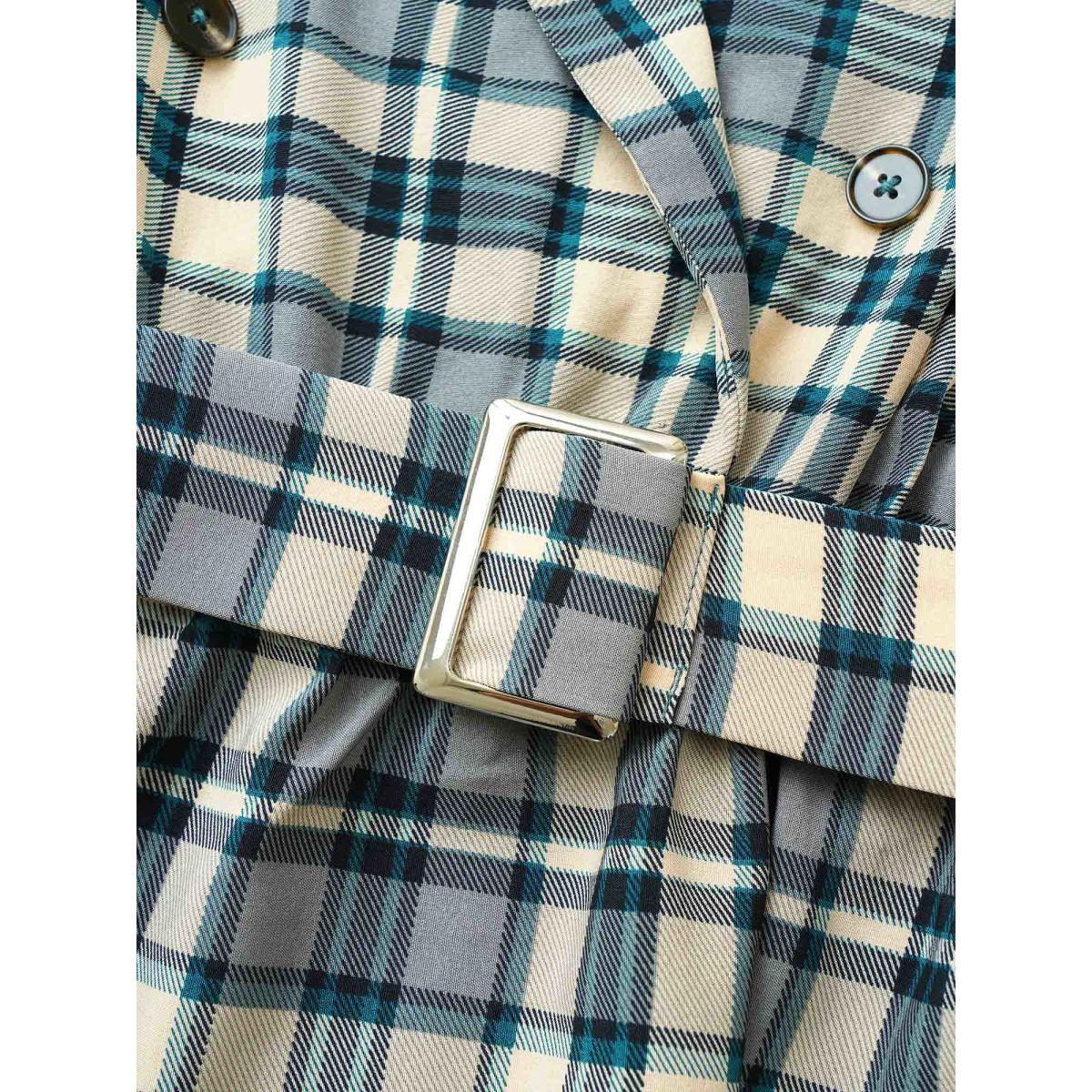 Plus Size Plaid Suit Collar Pocket Belted Dress Stone Women At the Office Non Suit Collar Long Sleeve Curvy Midi Dress BloomChic 28/5X Product Image