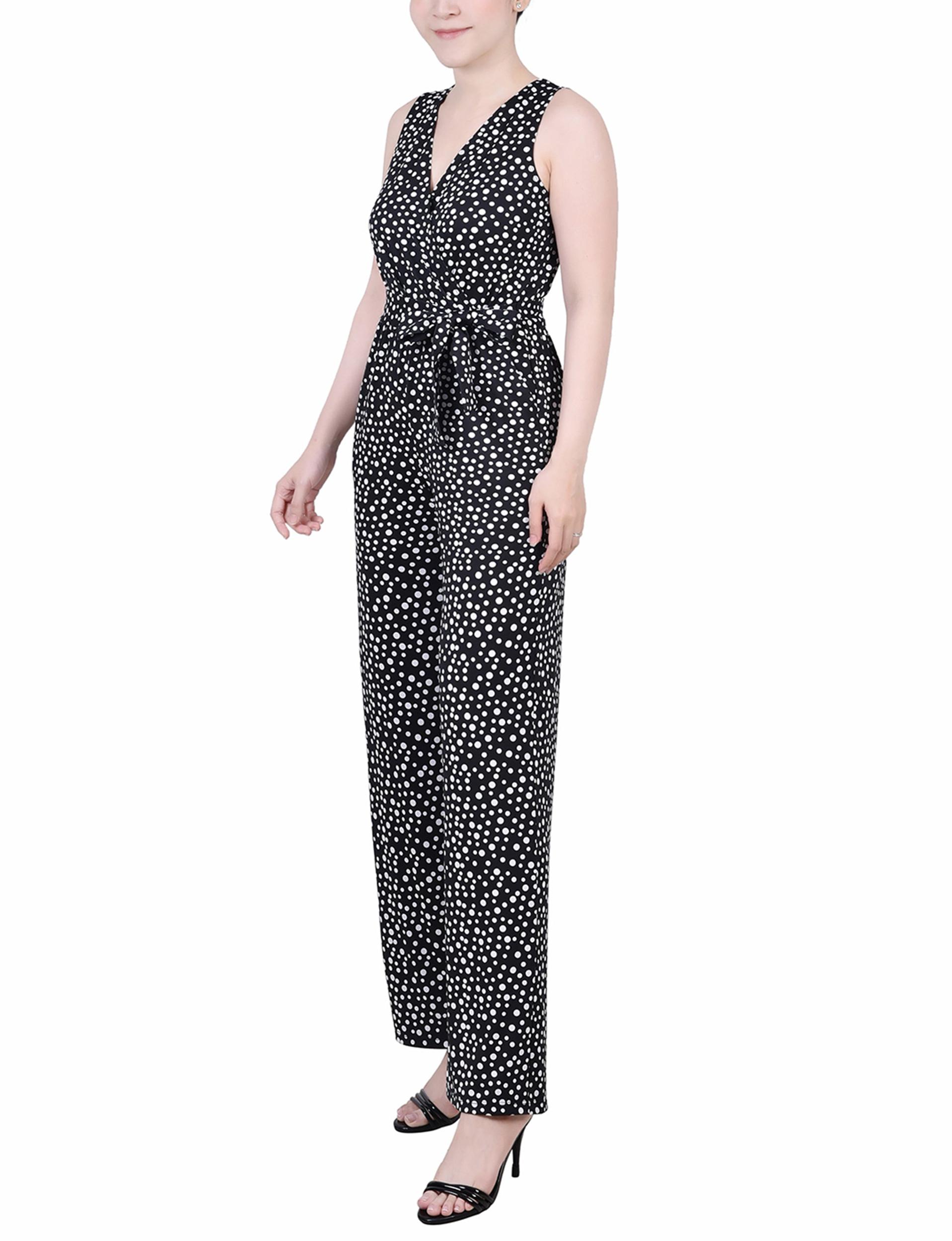 Black Polka Dot Sleeveless Belted Jumpsuit - Petite Product Image