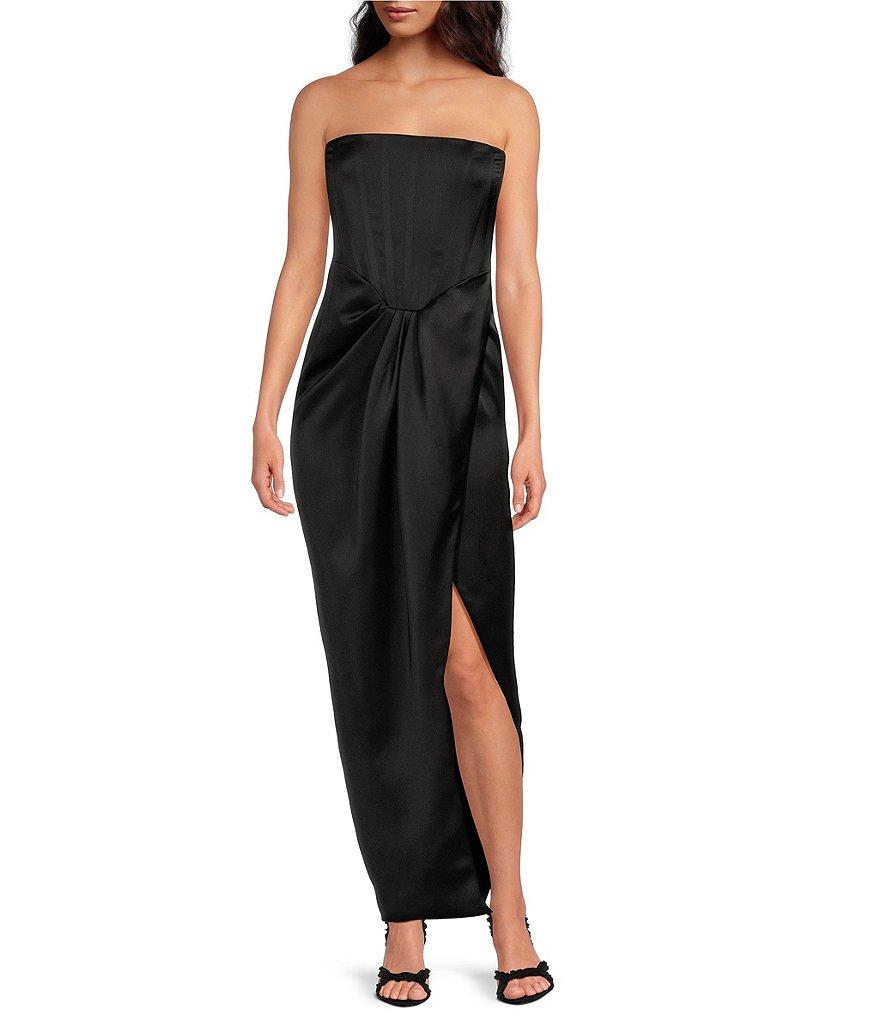 Gianni Bini Daphne Satin Ruched Straight Neck Sleeveless Asymmetrical Hem Sheath Dress Product Image
