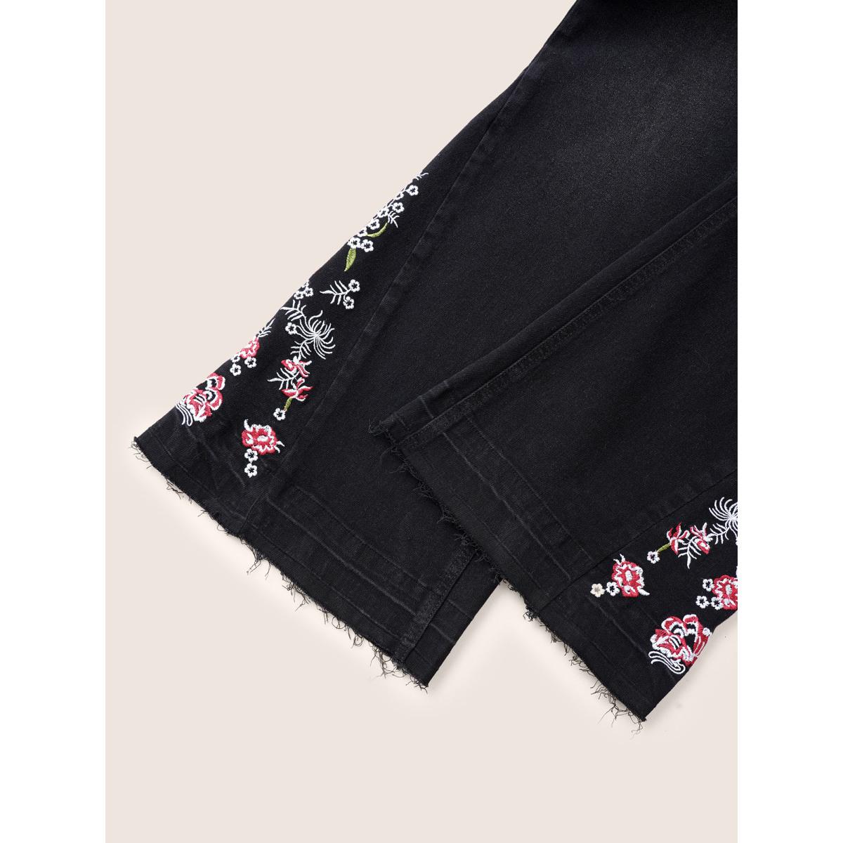 Plus Size Floral Embroidered Raw Hem Bootcut Jeans Women Black Elegant Plants Non High stretch Slanted pocket Jeans BloomChic 30/6X Product Image