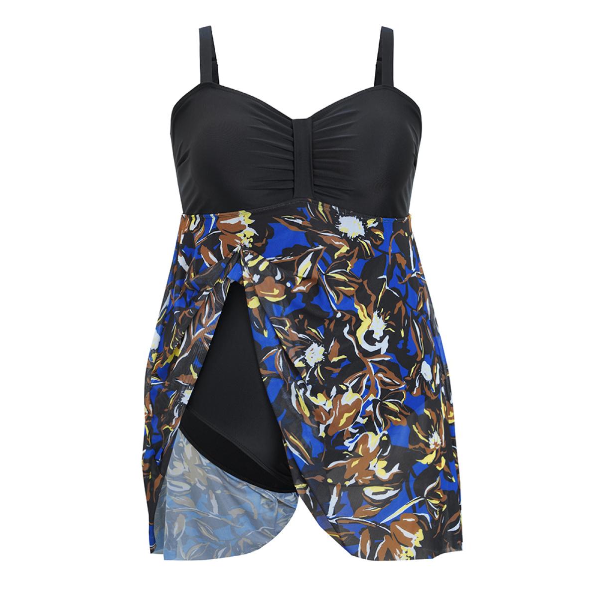 Plus Size Tropical Print Patchwork A Line Ruched Swim Dress Women's Swimwear Black Vacation Bodycon High stretch Curve Swim Dresses BloomChic 26/4X Product Image