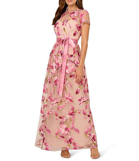 Adrianna Papell Embroidered Floral Print Crew Neck Short Sleeve Belted Waist Tie A-Line Gown Product Image
