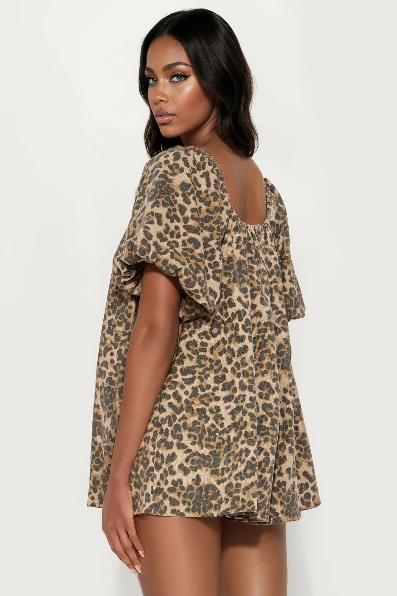Jungle Princess Leopard Denim Romper - Brown/combo Female Product Image
