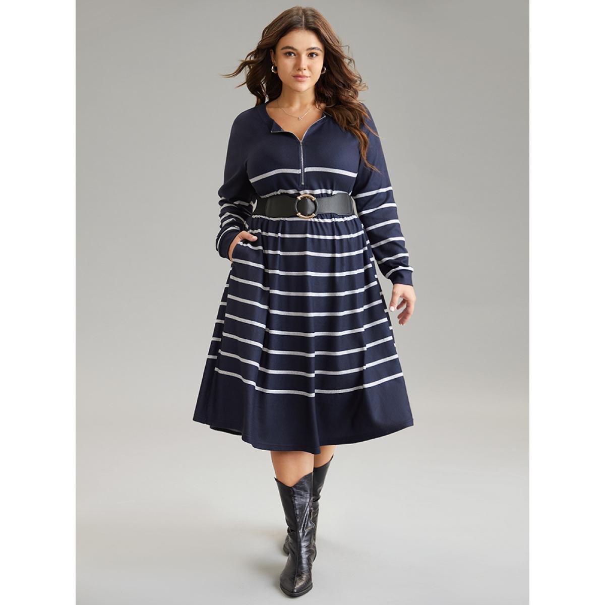 Plus Size Striped Elastic Waist Pocket Zipper Dress DarkBlue Women Casual Printed Round Neck Long Sleeve Curvy Midi Dress BloomChic 22-24/3X Product Image