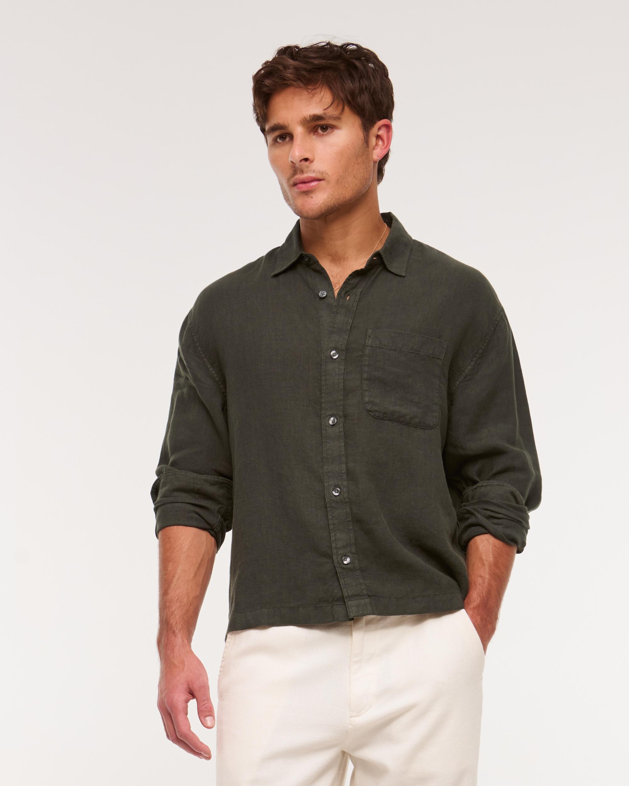 Cropped Linen Button-Up Shirt Product Image