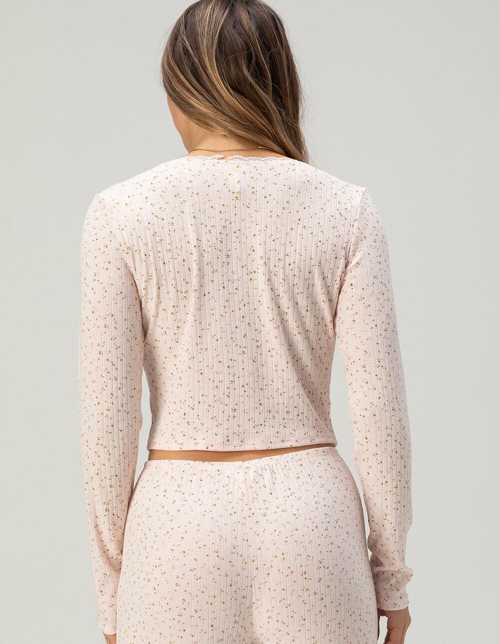 FULL TILT Pointelle Floral Lace Trim Long Sleeve Tee - PINK COMBO Product Image