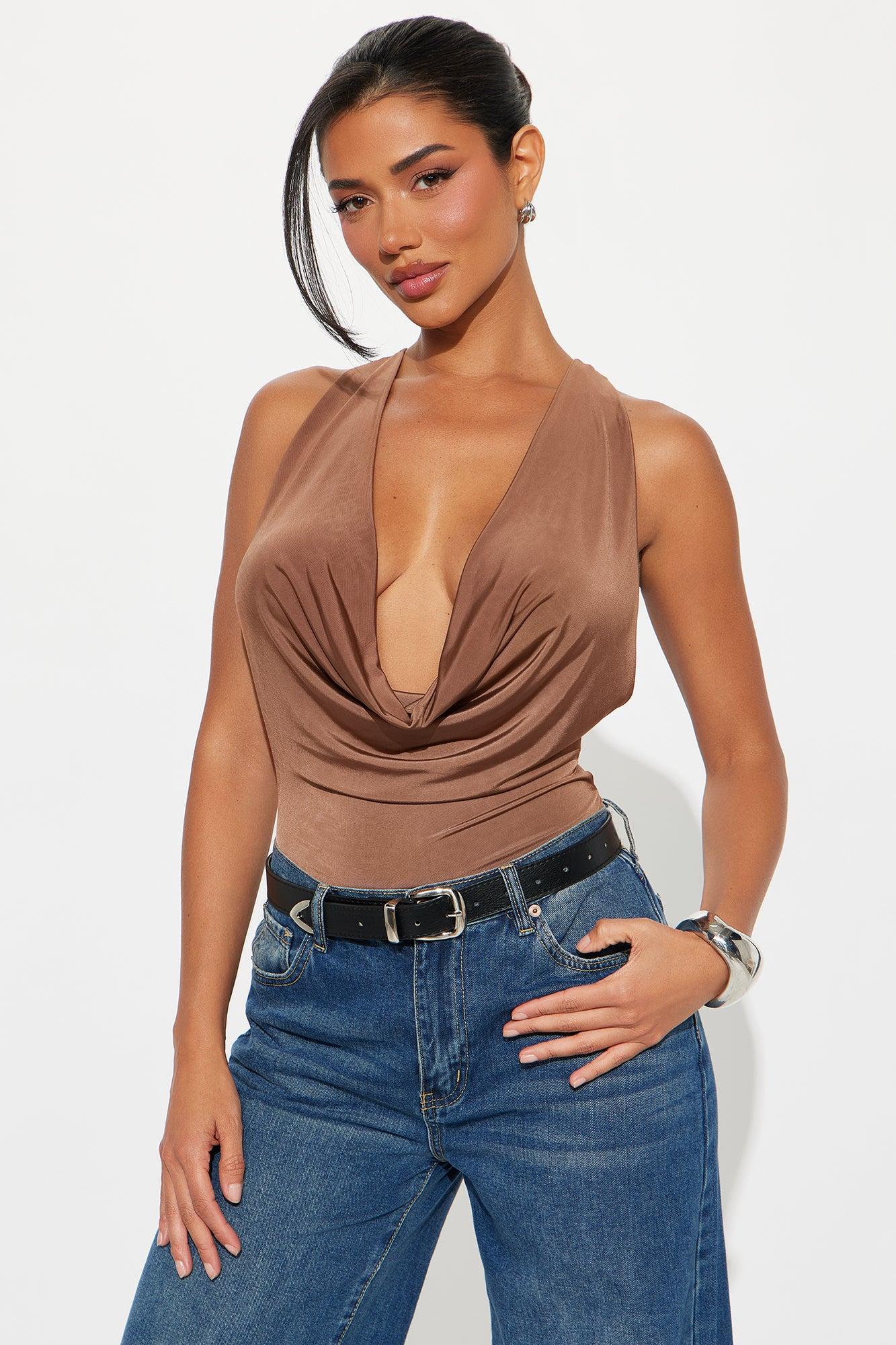 With Ease Cowl Neck Racer Back Bodysuit - Chocolate Product Image