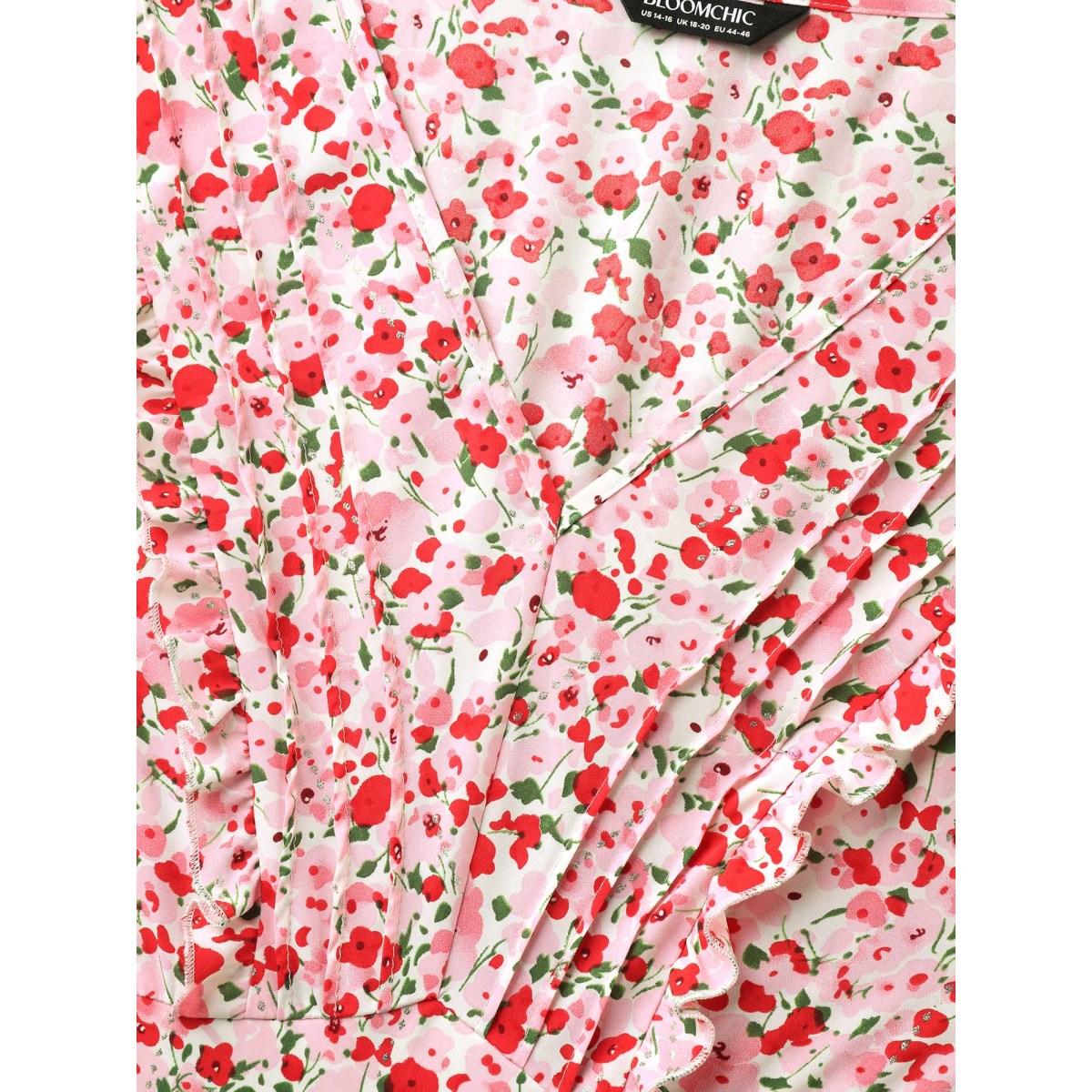 Plus Size Blush Floral Silver Stamp Shirred Waist Blouse Women Short sleeve V-neck Everyday-Elegant Blouses BloomChic 30/6X Product Image