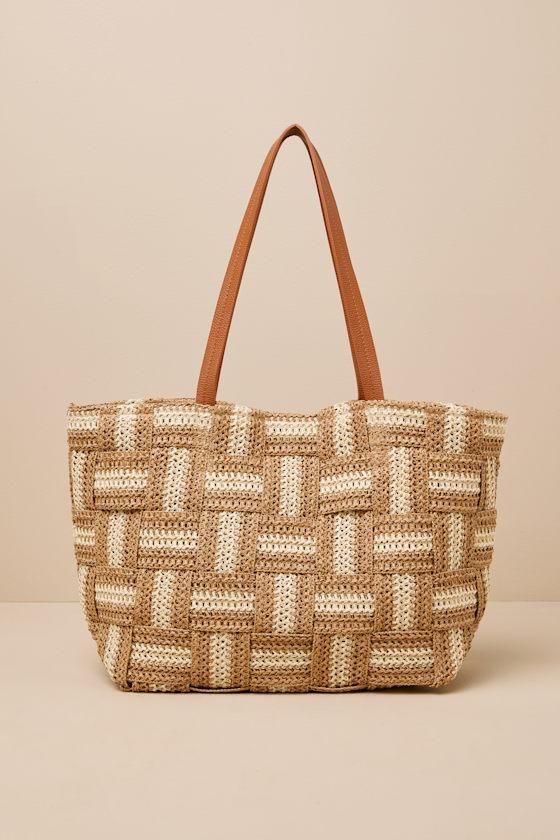Mare Beige and Tan Woven Straw Oversized Tote Product Image