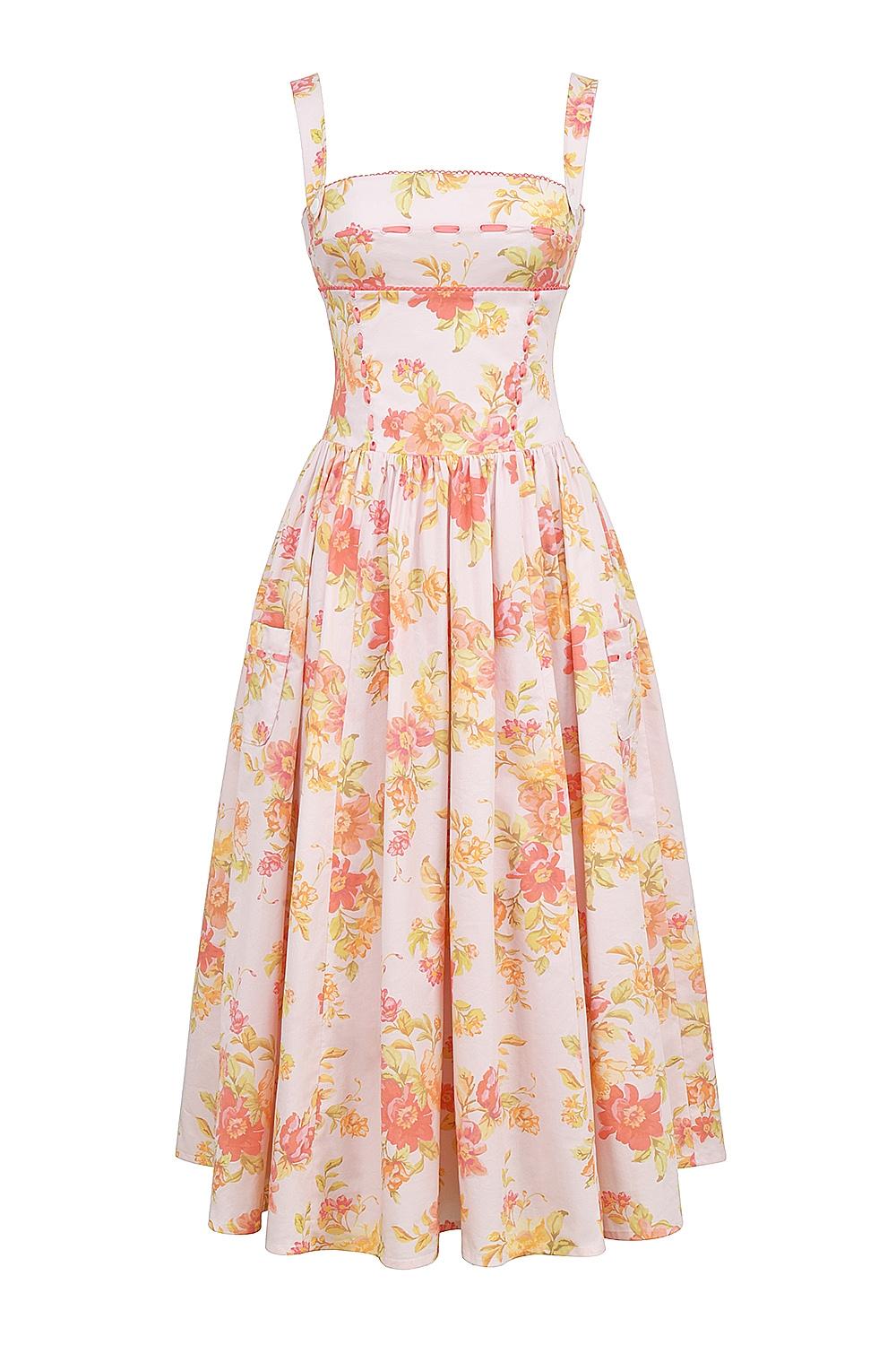 Vivien  peach poppy print cotton midi sundress Product Image