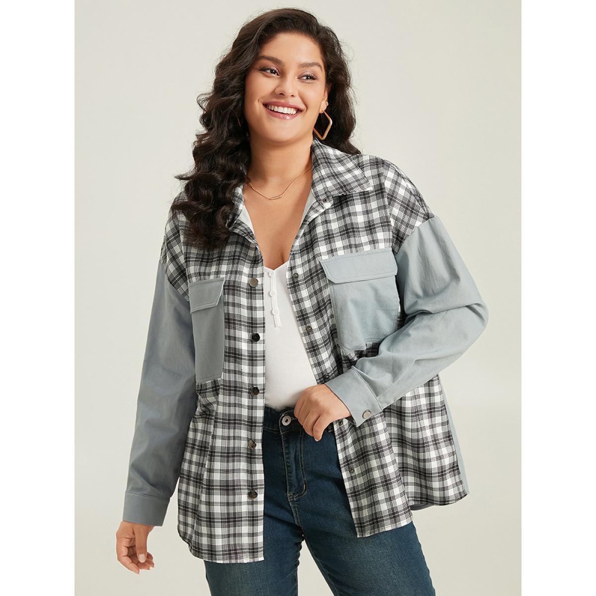 Plus Size Plaid Pocket Patchwork Contrast Coat Women LightBlue Casual Contrast Ladies Everyday Winter Coats BloomChic 14-16/1X Product Image