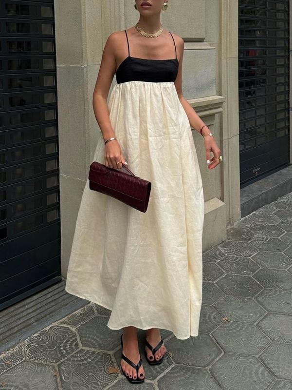 A-Line Loose Contrast Color Pleated Split-Joint Spaghetti-Neck Maxi Dresses Product Image