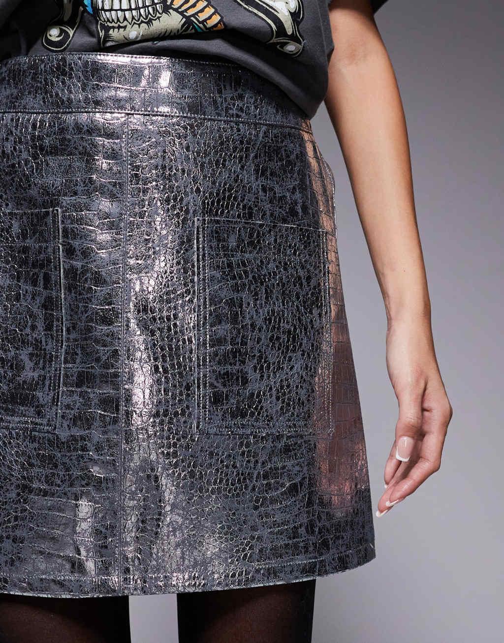 River Island faux leather patch pocket mini skirt in silver Product Image