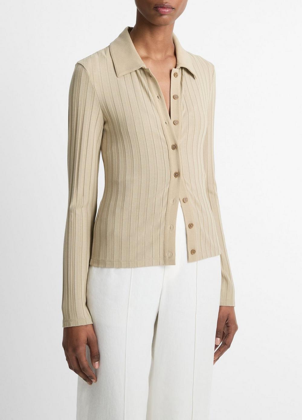 Ribbed Collared Long-Sleeve Button-Front Top Product Image