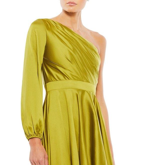 Mac Duggal One Sleeve Satin Ruffle Front Hi Low Dress Product Image