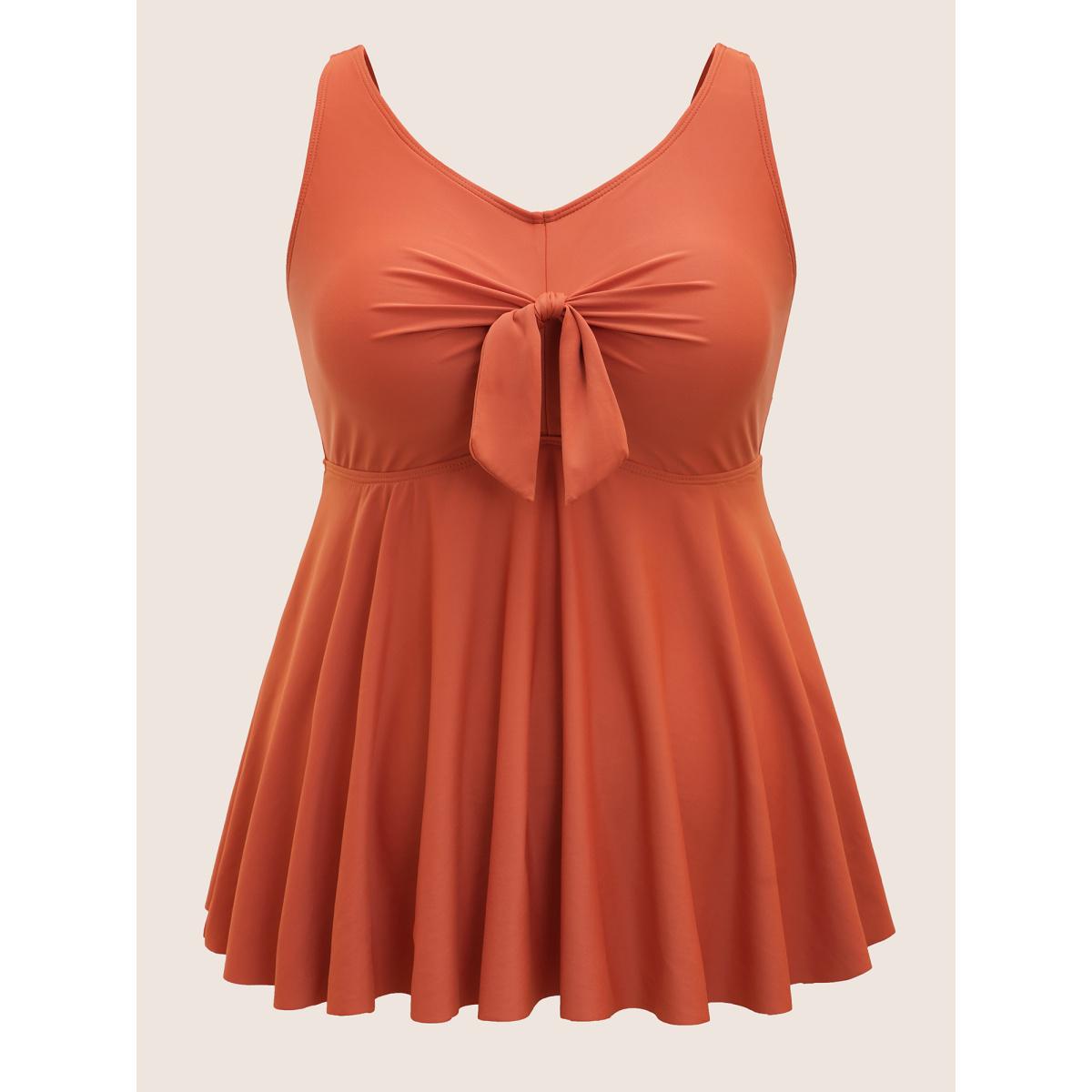 Plus Size V Neck Solid Tie knot Gathered Swim Top Women's Swimwear OrangeRed Beach Tie knot High stretch Bodycon V-neck Curve Swim Tops BloomChic 12/L Product Image
