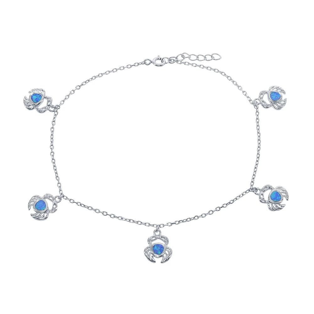 Sterling Silver Lab-Created Blue Opal Crab Anklet, Womens Product Image