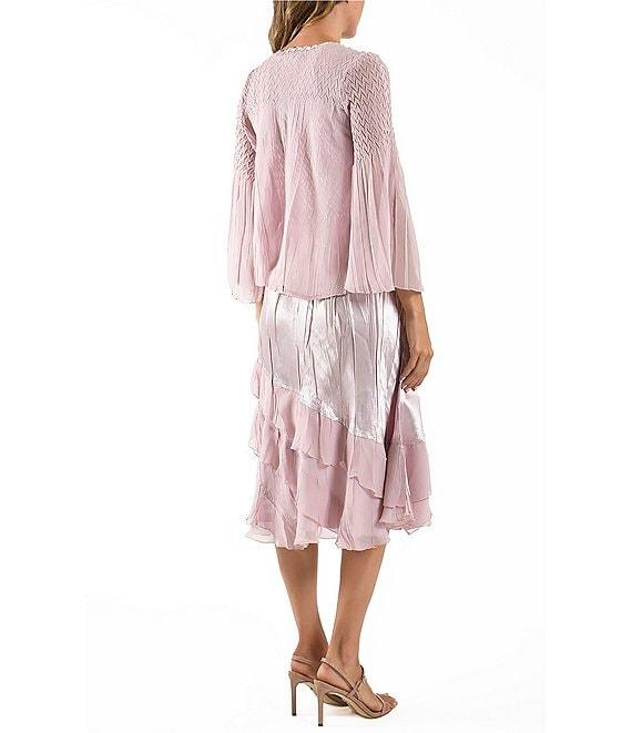 Komarov Beaded Scoop Neck Satin Charmeuse and Chiffon Mixed Media A-line Midi Jacket Dress Product Image