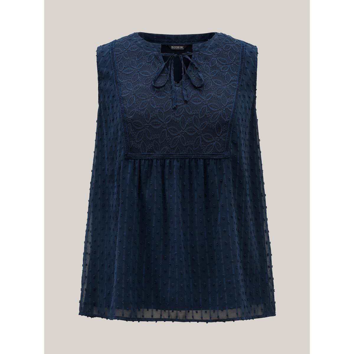 Plus Size Textured Lace Detail Neck Tie Sleeveless Top Women DarkBlue Timeless Woven ribbon&lace trim Flat collar with V-notch Elegant Tank Tops Camis BloomChic 12/L Product Image
