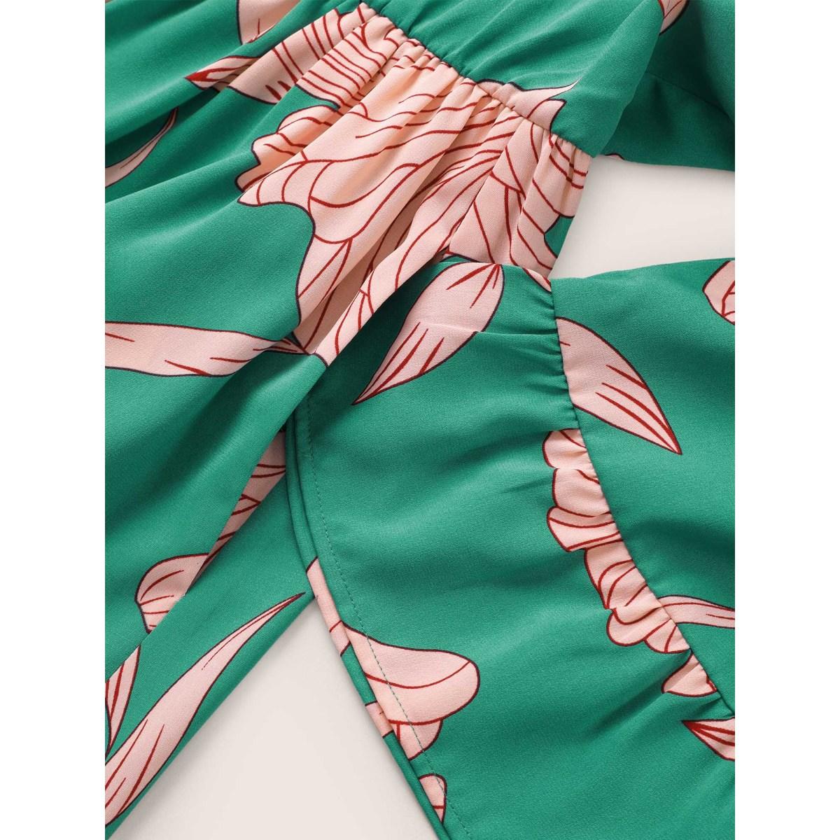 Plus Size Floral Notched Button Up Patchwork Ruffles Dress Green Women Elegant Non Notched collar Elbow-length sleeve Curvy Midi Dress BloomChic 26/4X Product Image