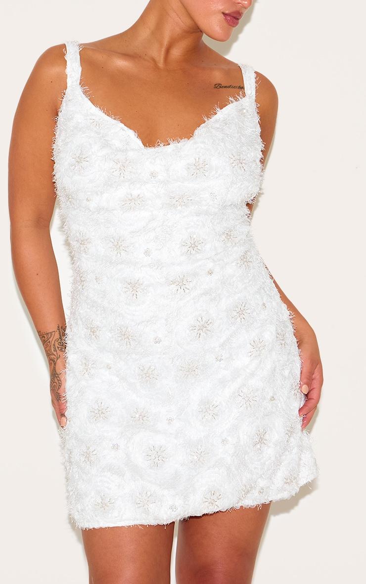 Premium Plus White Sequin Embroidered Cowl Neck Shift Dress Product Image