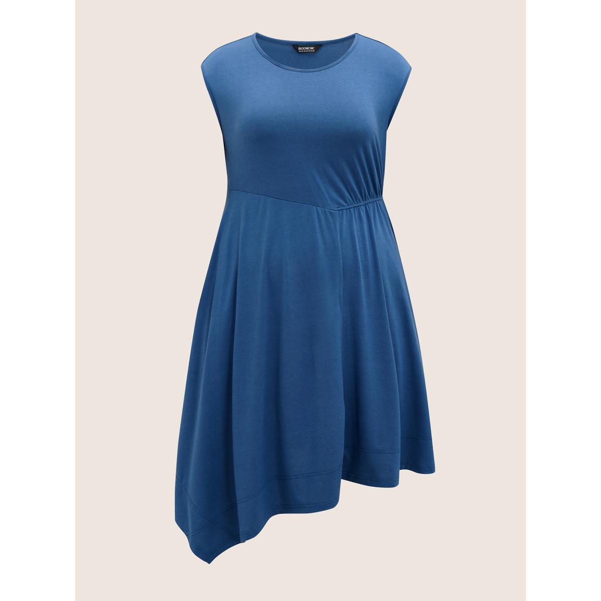 Plus Size Solid Crew Neck Asymmetrical Hem Dress Mediumblue Women Elegant Gathered Round Neck Cap Sleeve Curvy BloomChic 12/L Product Image
