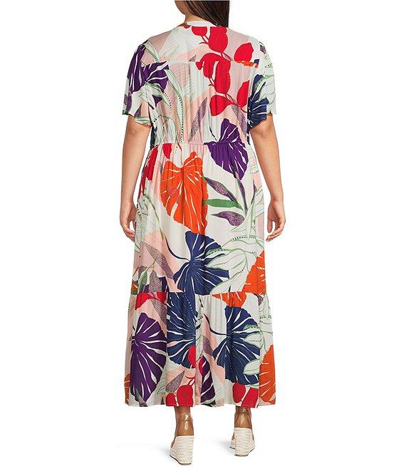 Nurture Plus Size Tropical Palm Print Short Flutter Sleeve V-Neck Maxi Dress Product Image