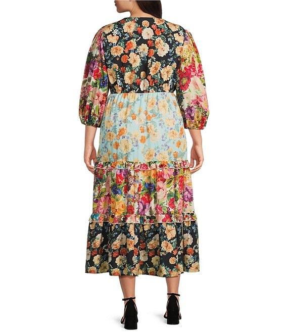 Calessa Plus Size Patchwork Print V-Neck 3/4 Sleeve Tiered A-Line Dress Product Image