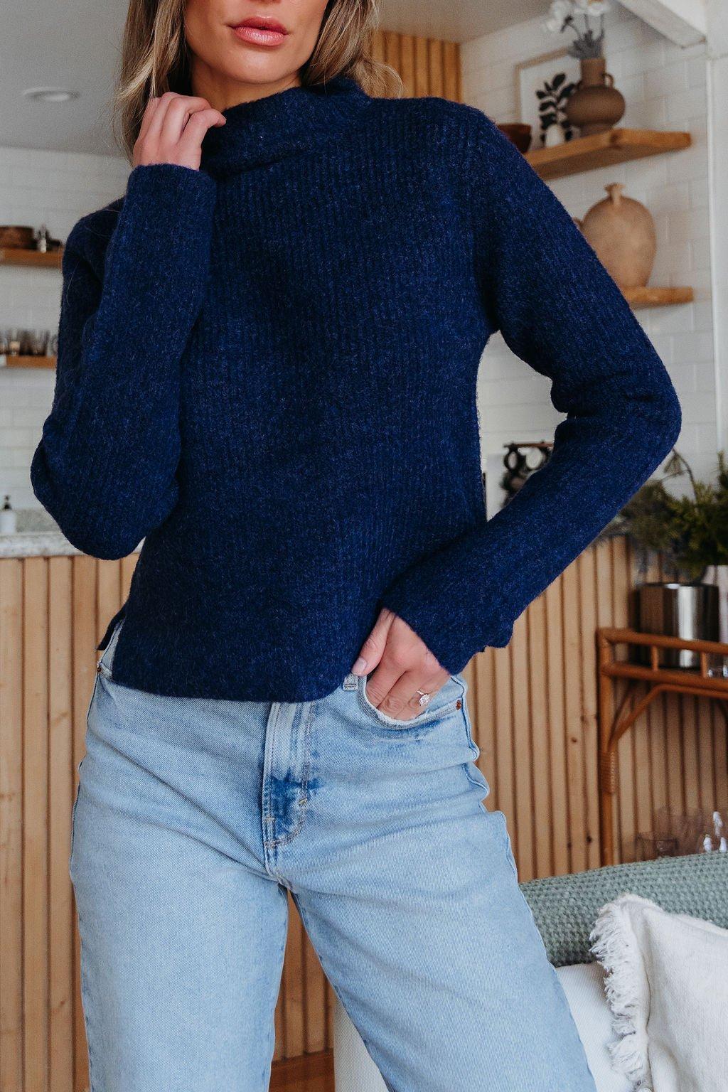 Navy Blue Mock Neck Ribbed Sweater - FINAL SALE Product Image
