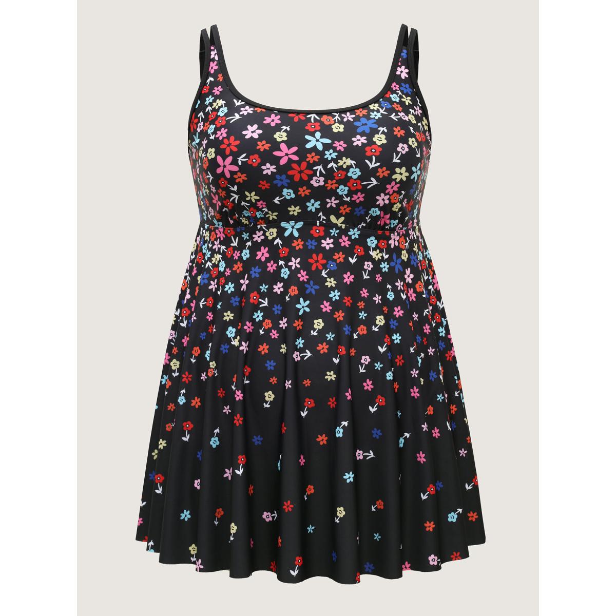 Plus Size Florals Everywhere Fit and Flare Swim Dress Women's Swimwear Black Resort Bodycon U-neck High stretch Curve Swim Dresses BloomChic 30/6X Product Image